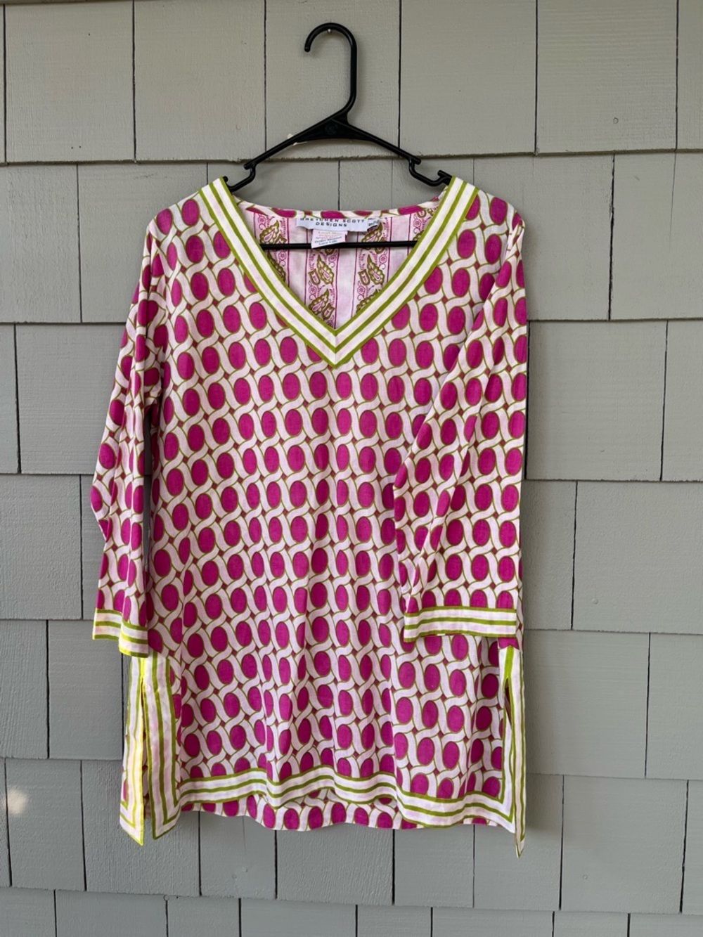 Gretchen Scott Designs Pink Lightweight Tunic with Lime Trim and Ring Print S